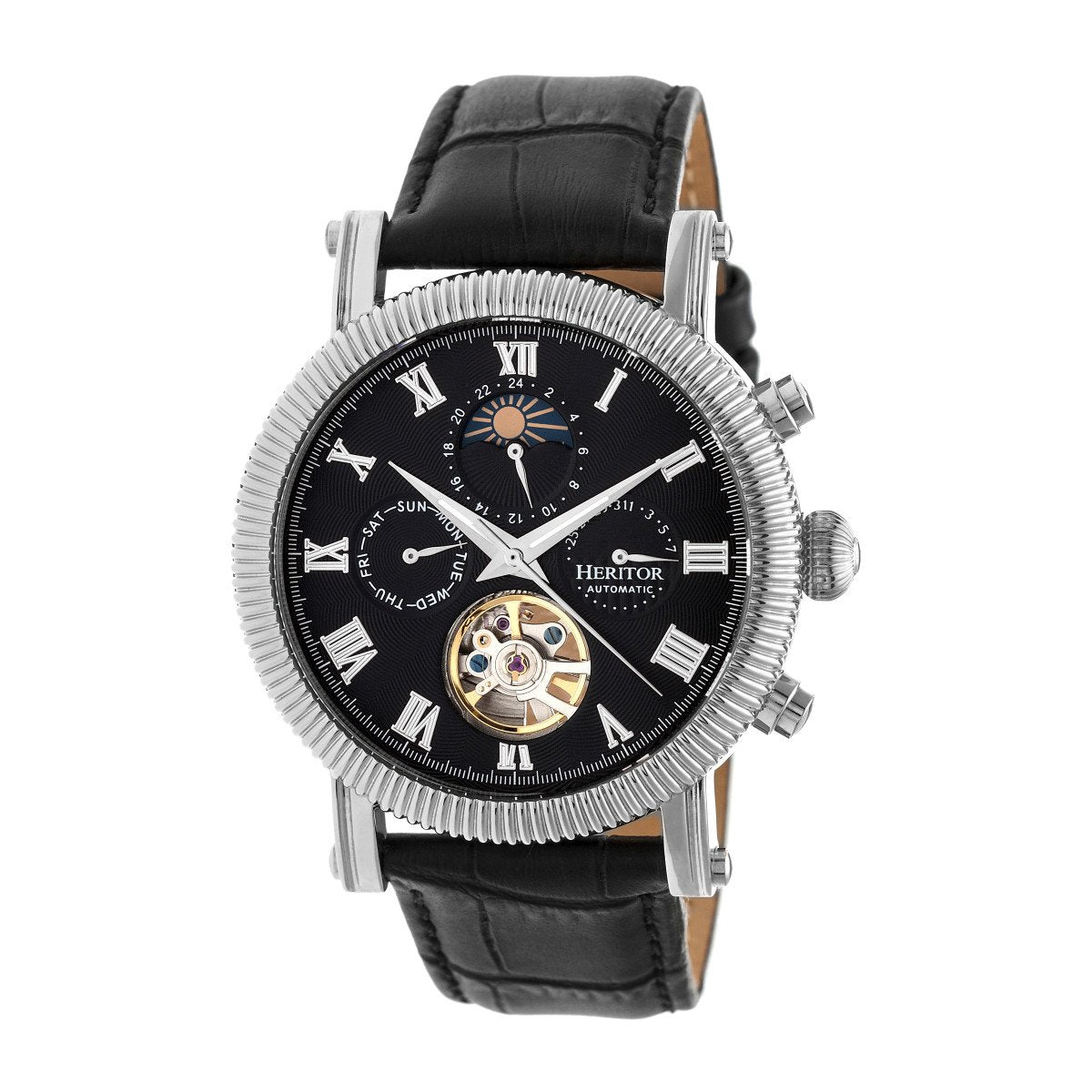 Heritor Automatic Winston Semi-Skeleton Leather-Band Watch - Silver/Black - HERHR5202