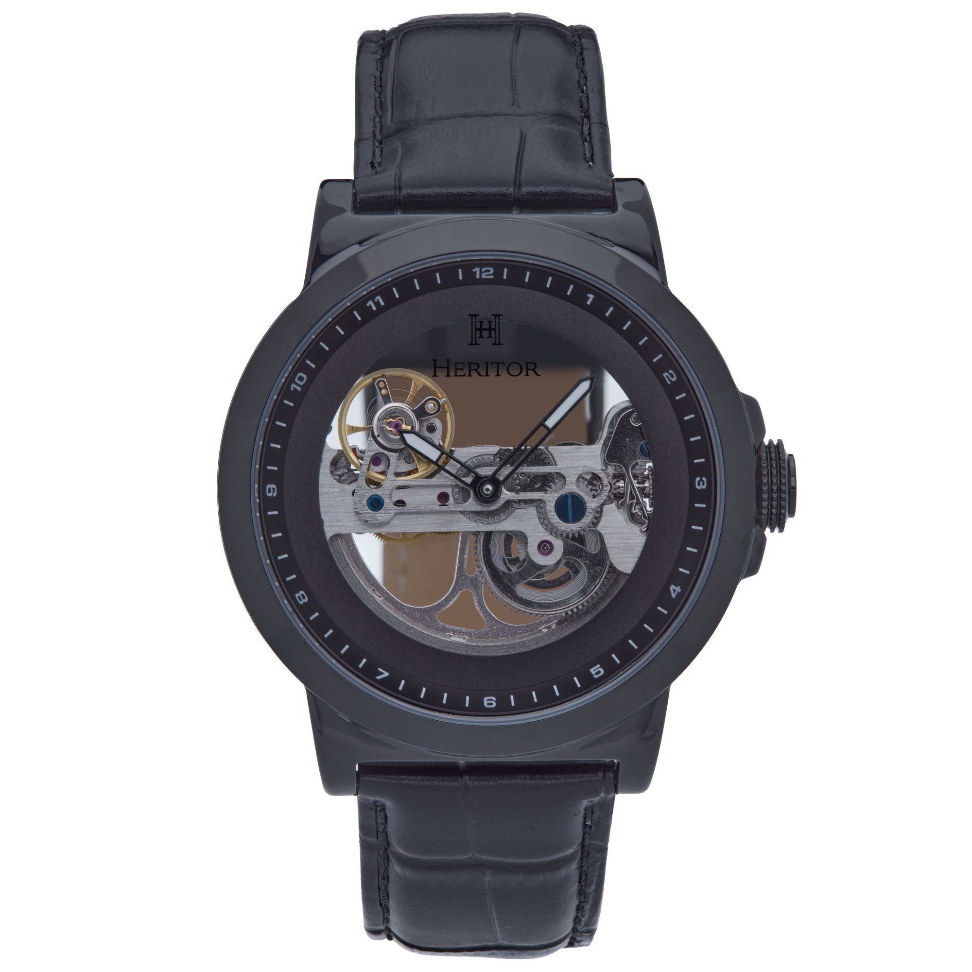 Heritor Automatic Xander Semi-Skeleton Leather-Band Watch - Black - HERHS2405