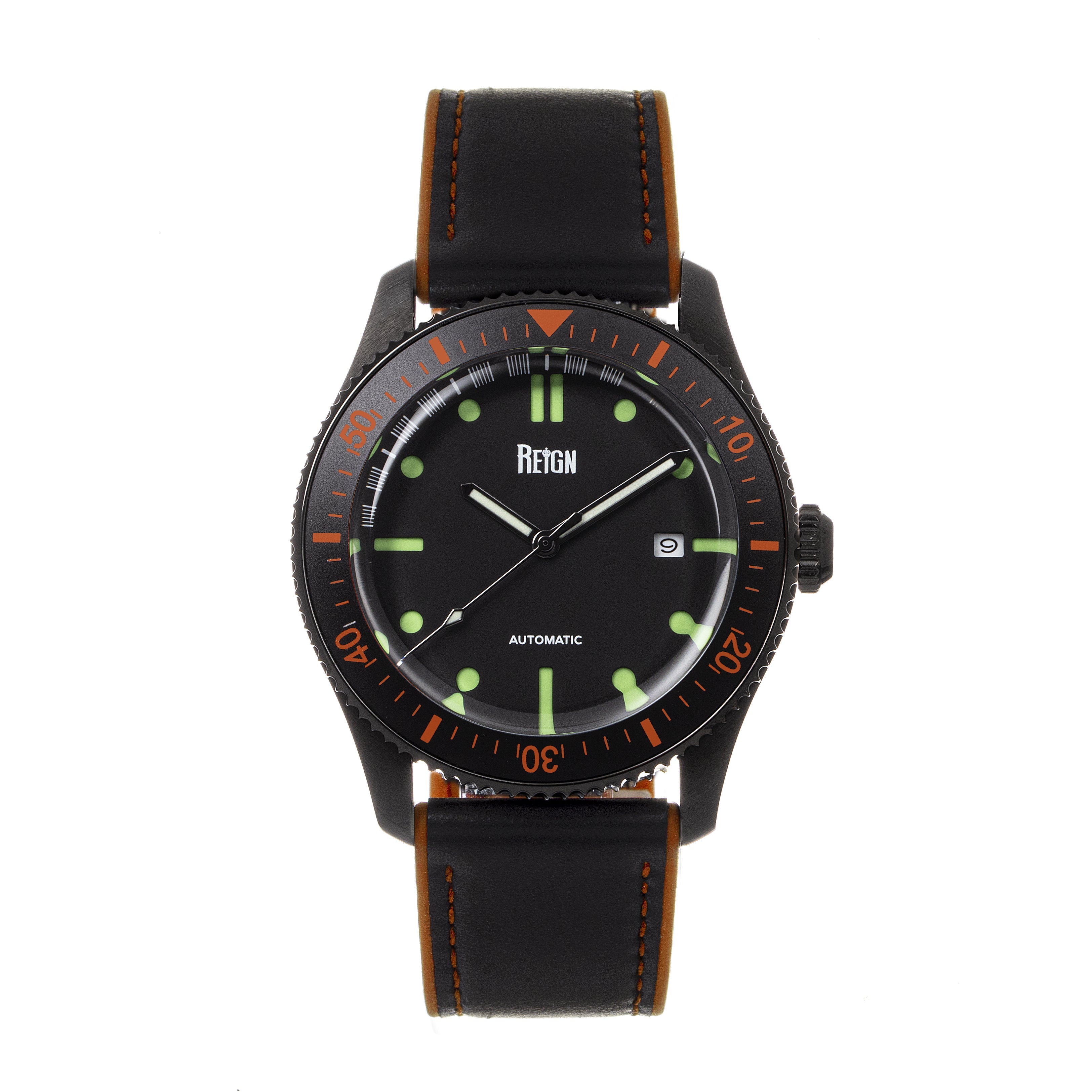 Reign Elijah Automatic Rubber Inlaid Leather-Band Watch W/Date - Black/Orange  - REIRN6505