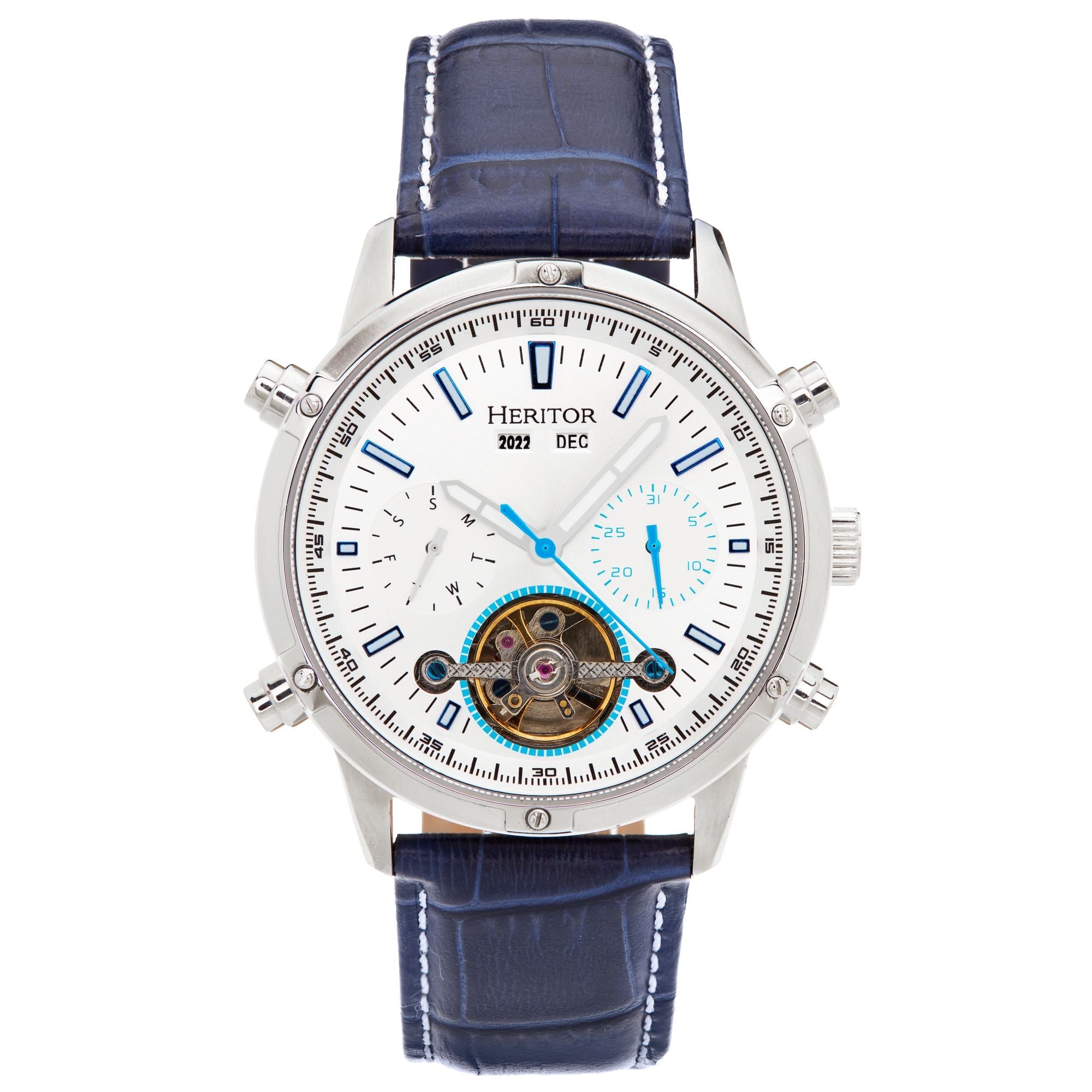 Heritor Automatic Wilhelm Semi-Skeleton Leather-Band Watch w/Day/Date - Blue - HERHS2104