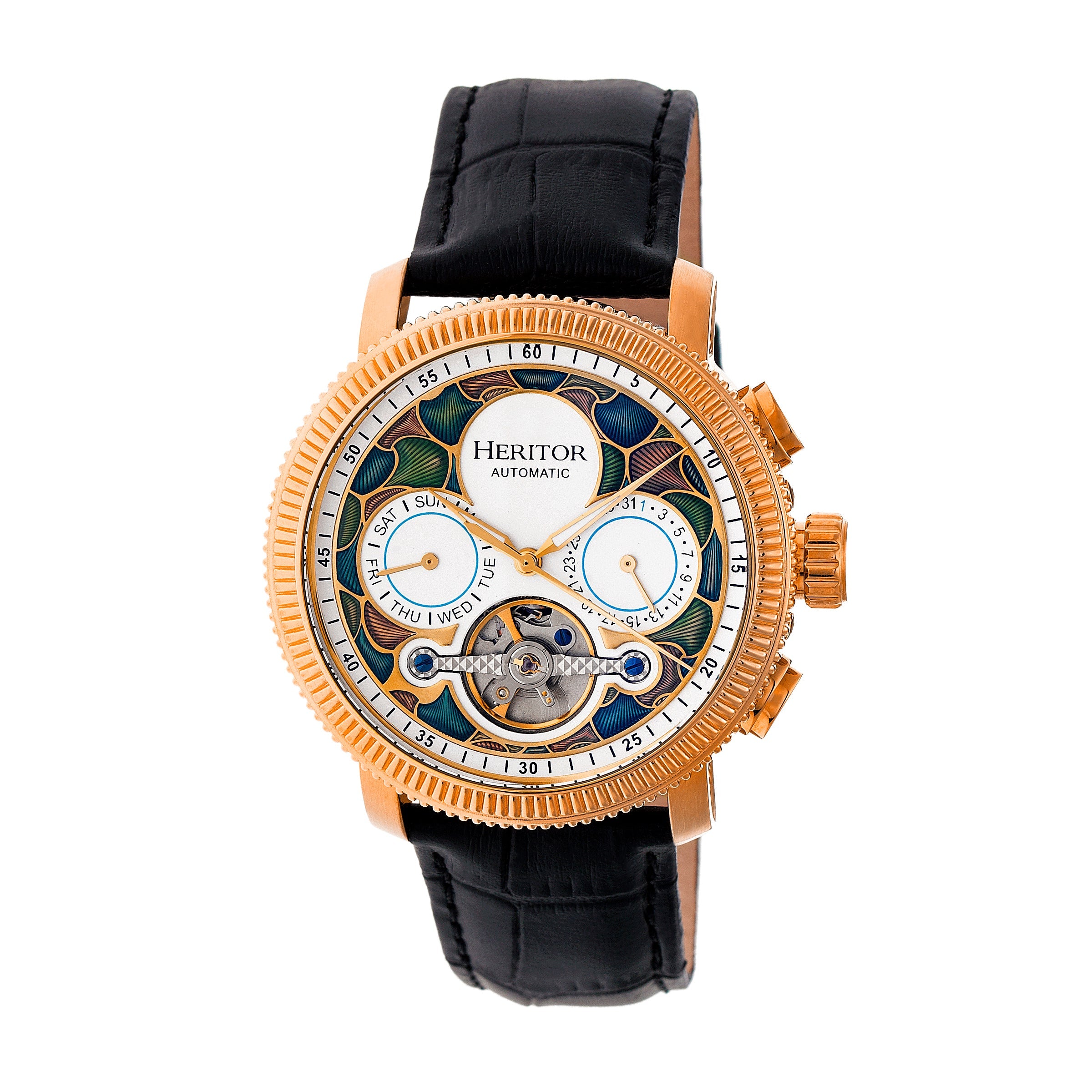 Heritor Automatic Aura Men's Semi-Skeleton Leather-Band Watch - Rose Gold/White - HERHR3506