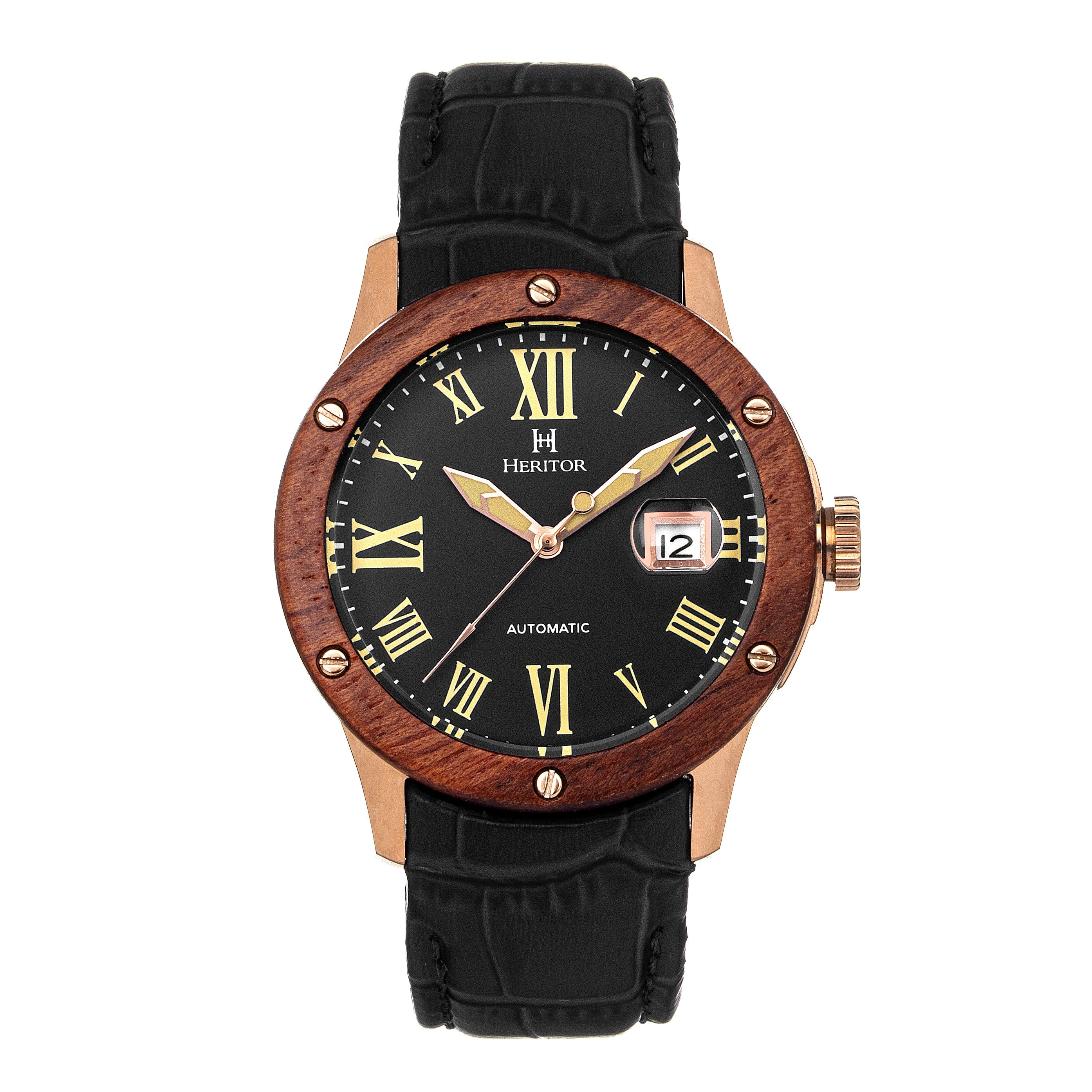 Heritor Automatic Everest Wooden Bezel Leather Band Watch /Date  - Rose Gold/Black - HERHS1605