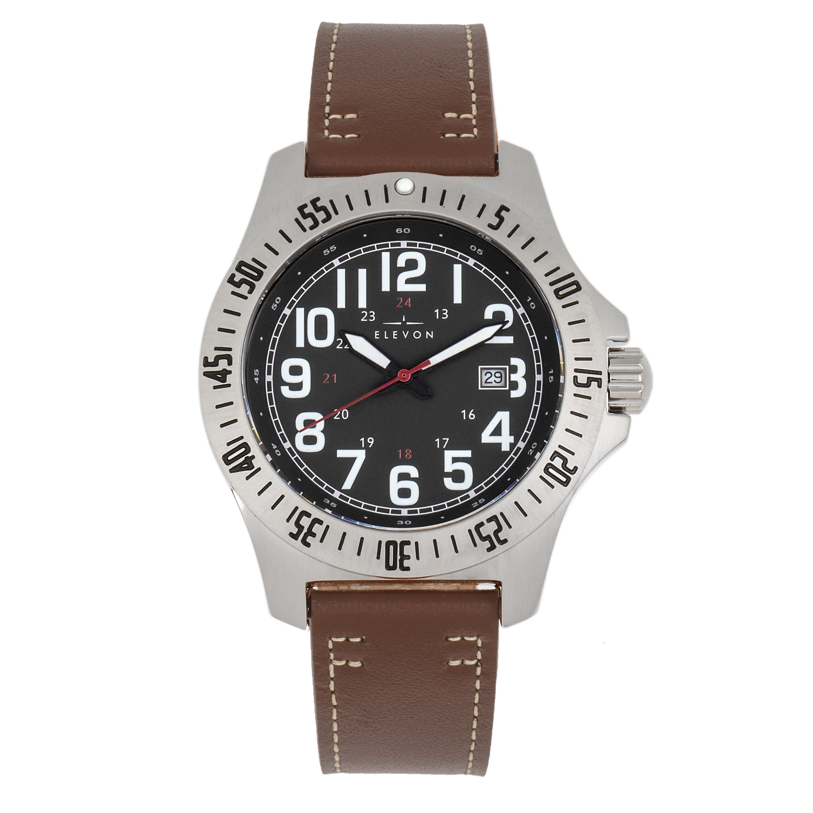 Elevon Aviator Leather-Band Watch w/Date - Brown/Black - ELE120-10