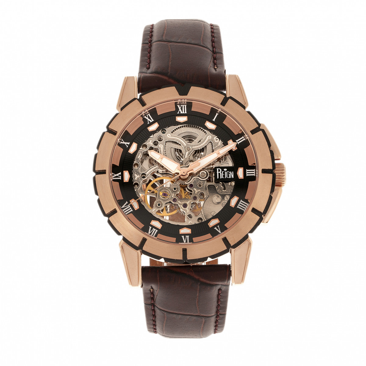 Reign Philippe Automatic Skeleton Leather-Band Watch - Rose Gold/Black - REIRN4606