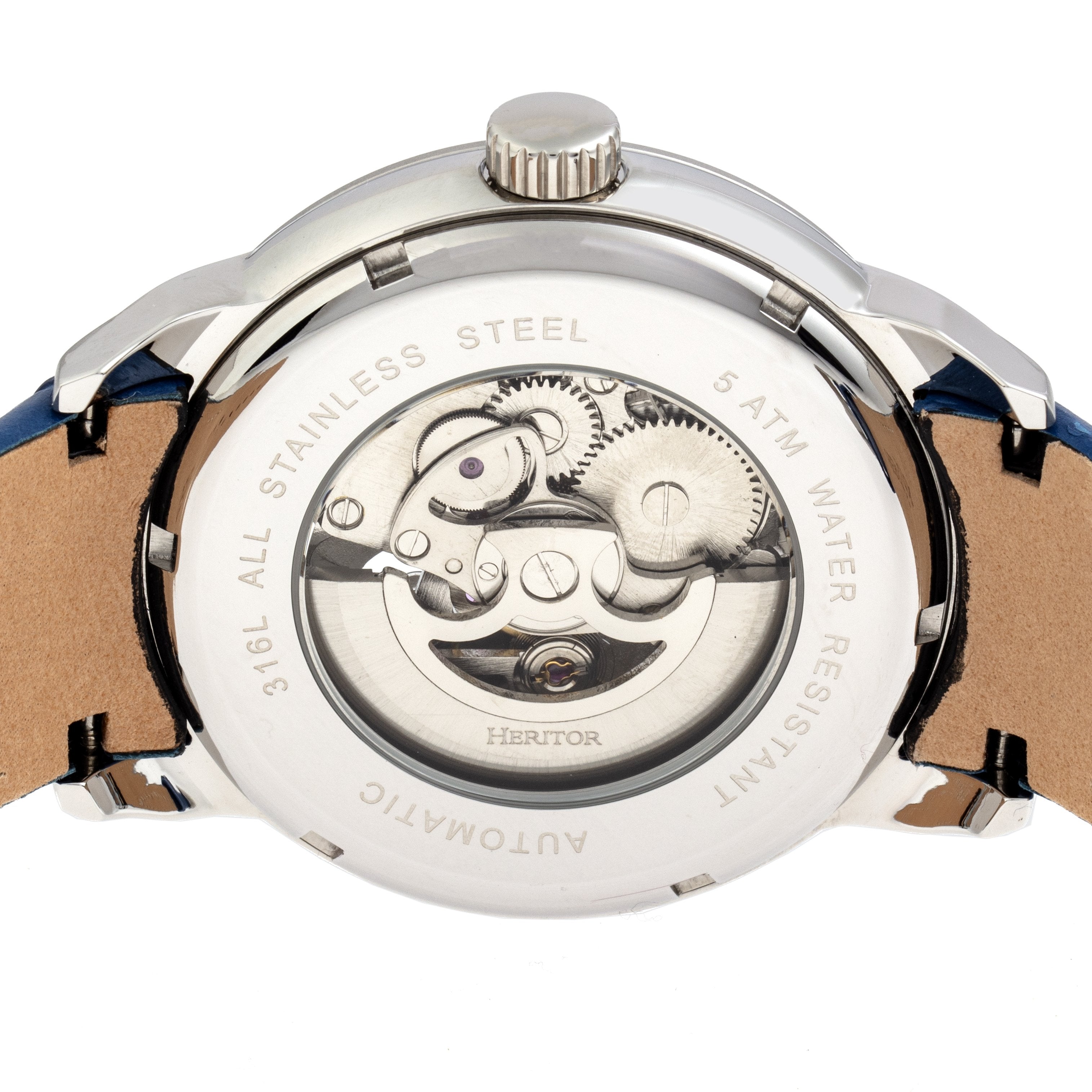 Heritor Automatic Sanford Semi-Skeleton Leather-Band Watch - Silver/Blue - HERHR8301