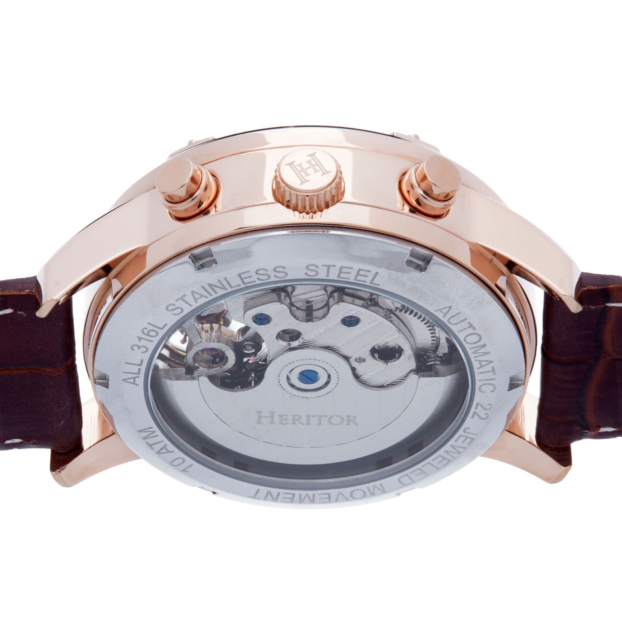 Heritor Automatic Wilhelm Semi-Skeleton Leather-Band Watch w/Day/Date - Brown/Rose Gold - HERHS2106